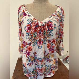 Bila Blouse Off White Multi Colored Floral Boho Creped Shirt Top Blouse SZ L